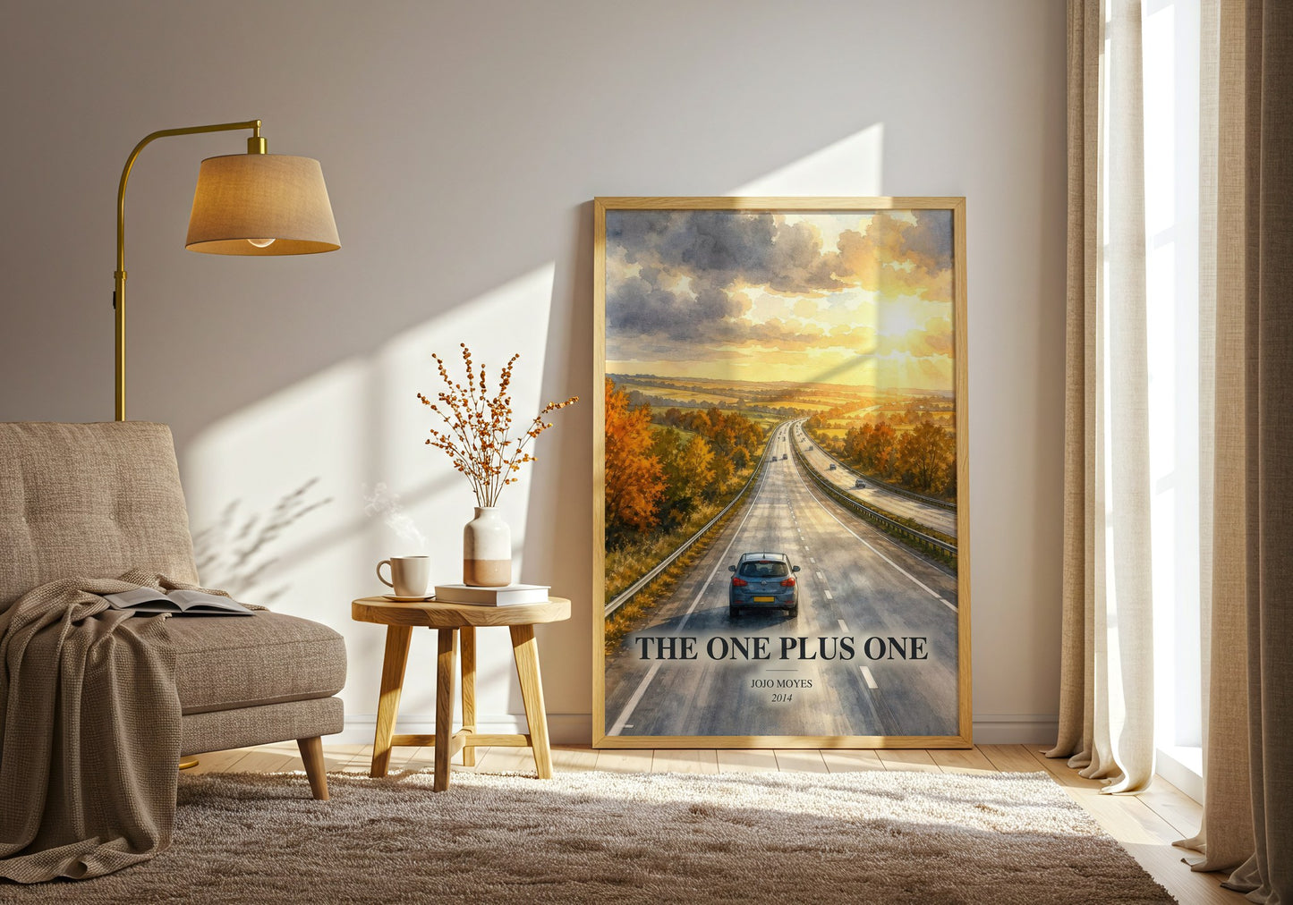 The One Plus One watercolour print in frame leaning in hallway – contemporary fiction wall art