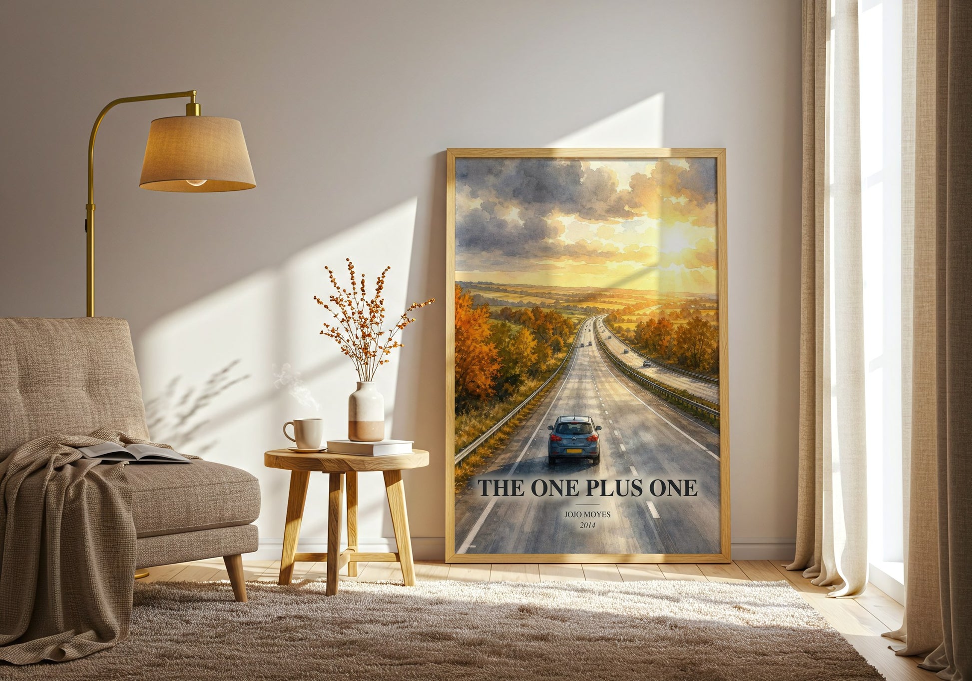 The One Plus One watercolour print in frame leaning in hallway – contemporary fiction wall art