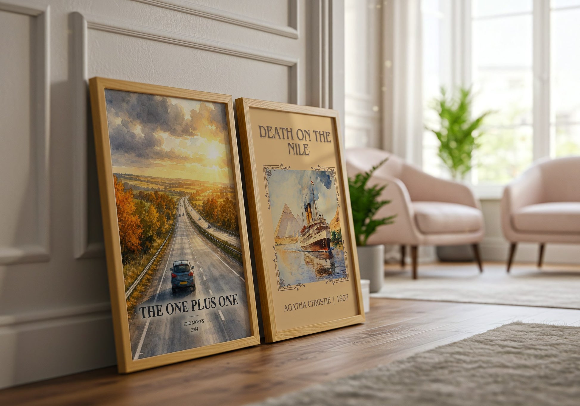The One Plus One watercolour print framed by window – literary home decor