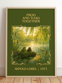 Frog and Toad Together Classic Book Art Print by Arnold Lobel – framed print leaning on a wooden floor
