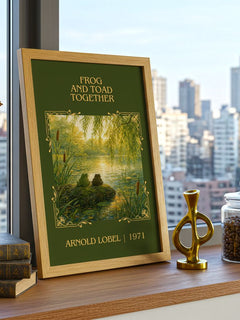 Frog and Toad Together Classic Book Art Print by Arnold Lobel – framed print on a city-view windowsill