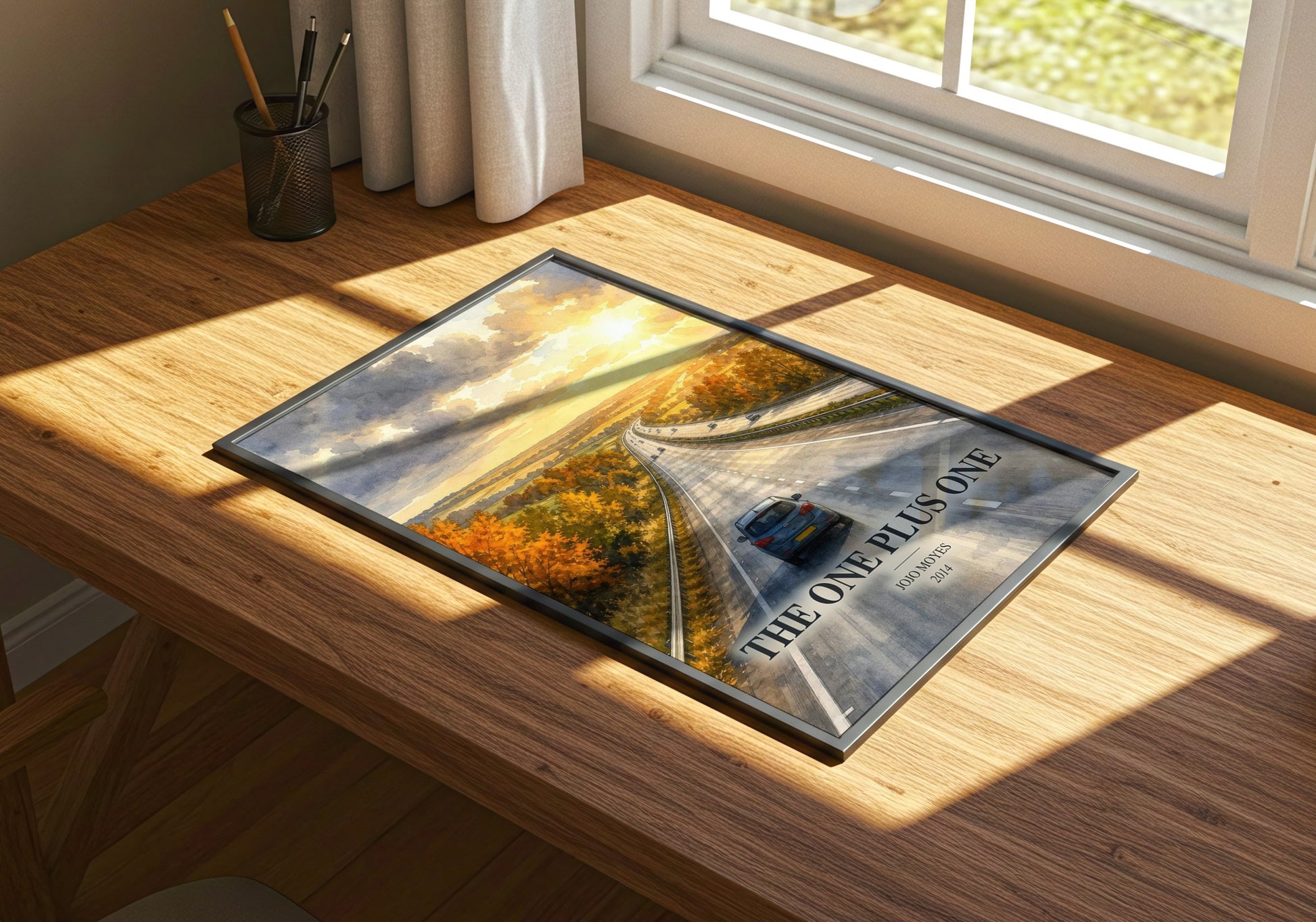 The One Plus One watercolour book poster framed on wall – contemporary fiction wall art