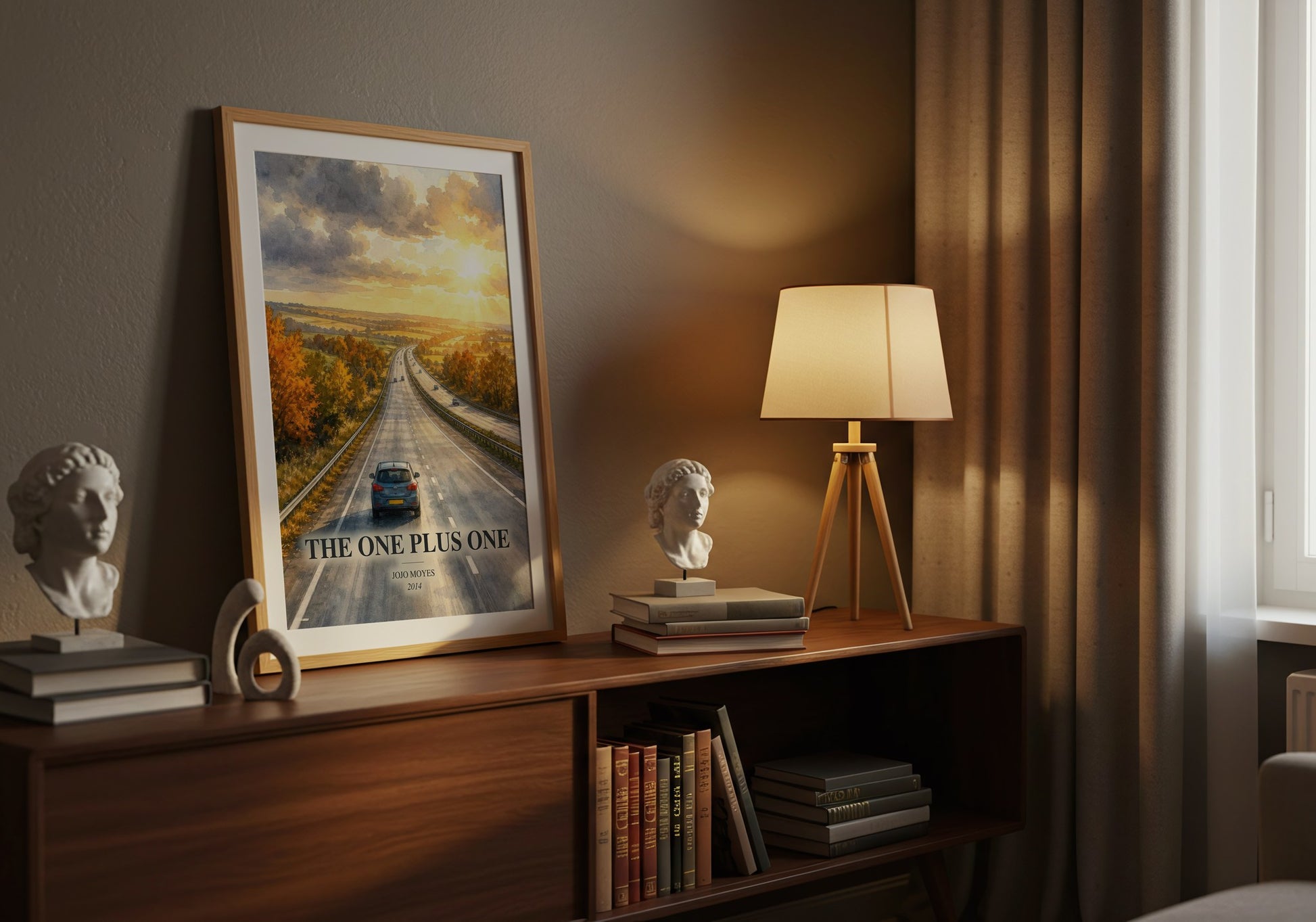 The One Plus One watercolour print on bookshelf – Jojo Moyes fan gift
