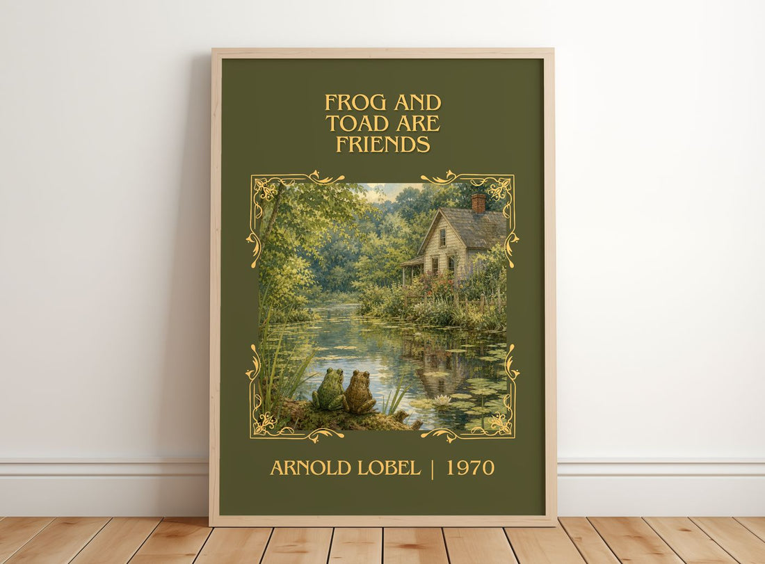 Frog and Toad Are Friends Classic Book Art Print by Arnold Lobel – framed print leaning on a wooden floor