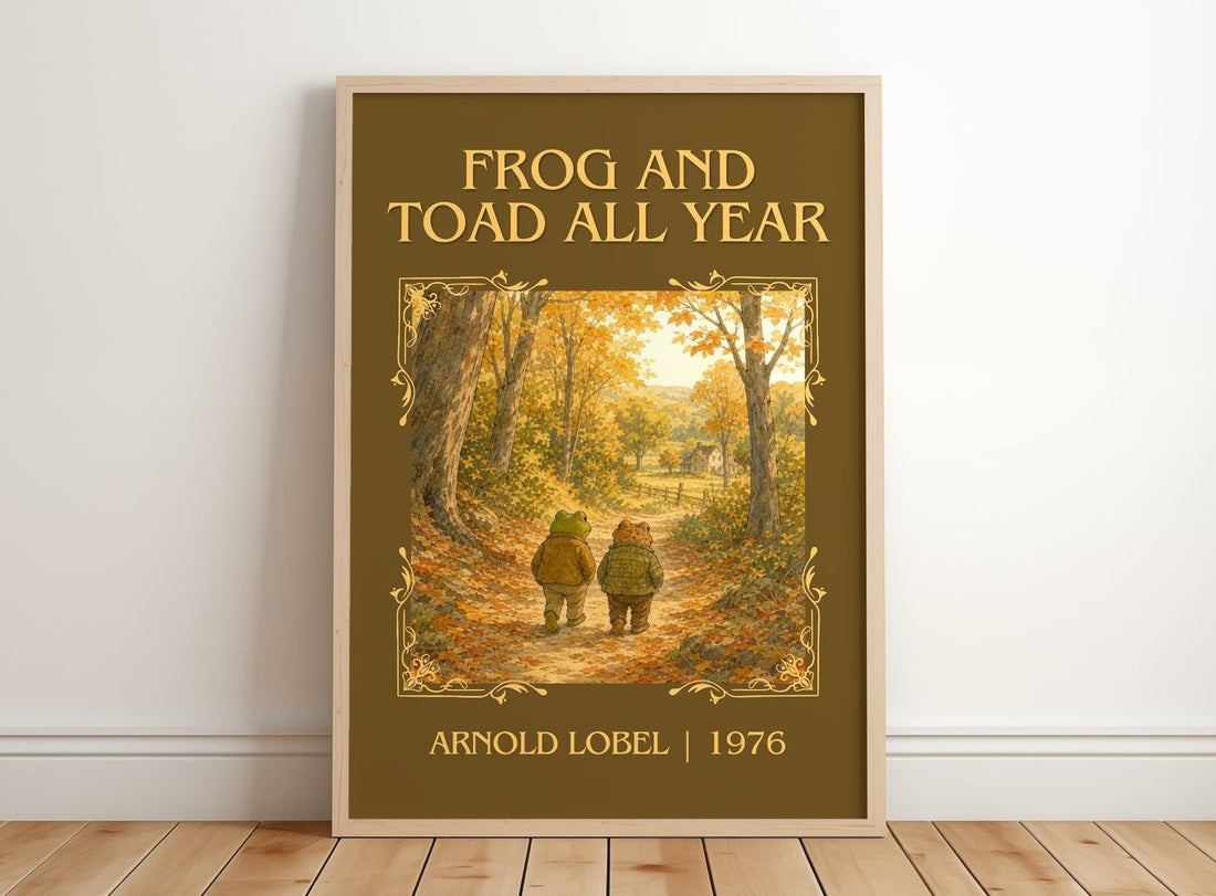 Frog and Toad All Year classic book art print in frame leaning in hallway – childrens wall art