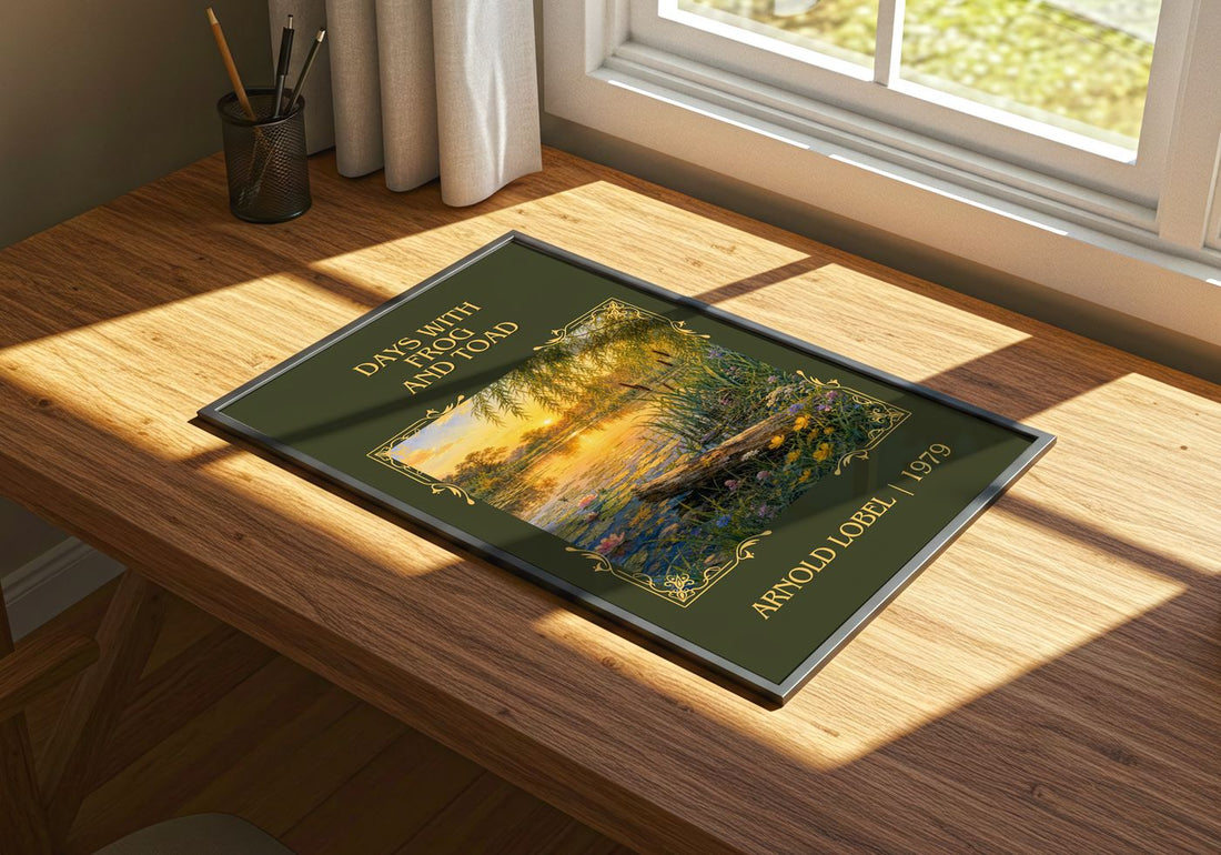 Days With Frog and Toad Classic Book Art Print by Arnold Lobel – print on a sunlit desk