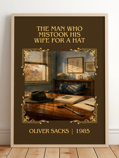 Man Who Mistook His Wife for a Hat Classic Book Art Print by O. Sacks – framed print leaning on a wooden floor