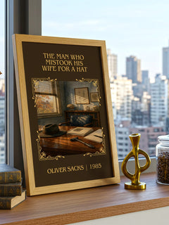 Man Who Mistook His Wife for a Hat Classic Book Art Print by O. Sacks – framed print on a city-view windowsill