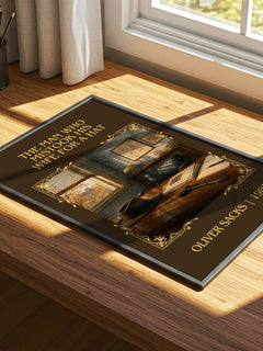 Man Who Mistook His Wife for a Hat Classic Book Art Print by O. Sacks – print on a sunlit desk