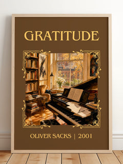Gratitude Classic Book Art Print by Oliver Sacks – framed print leaning on a wooden floor
