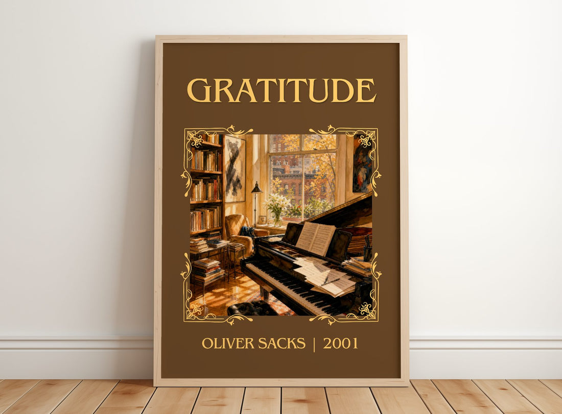 Gratitude Classic Book Art Print by Oliver Sacks – framed print leaning on a wooden floor