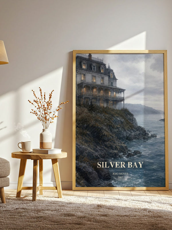 Silver Bay watercolour print in frame leaning in hallway – contemporary fiction wall art