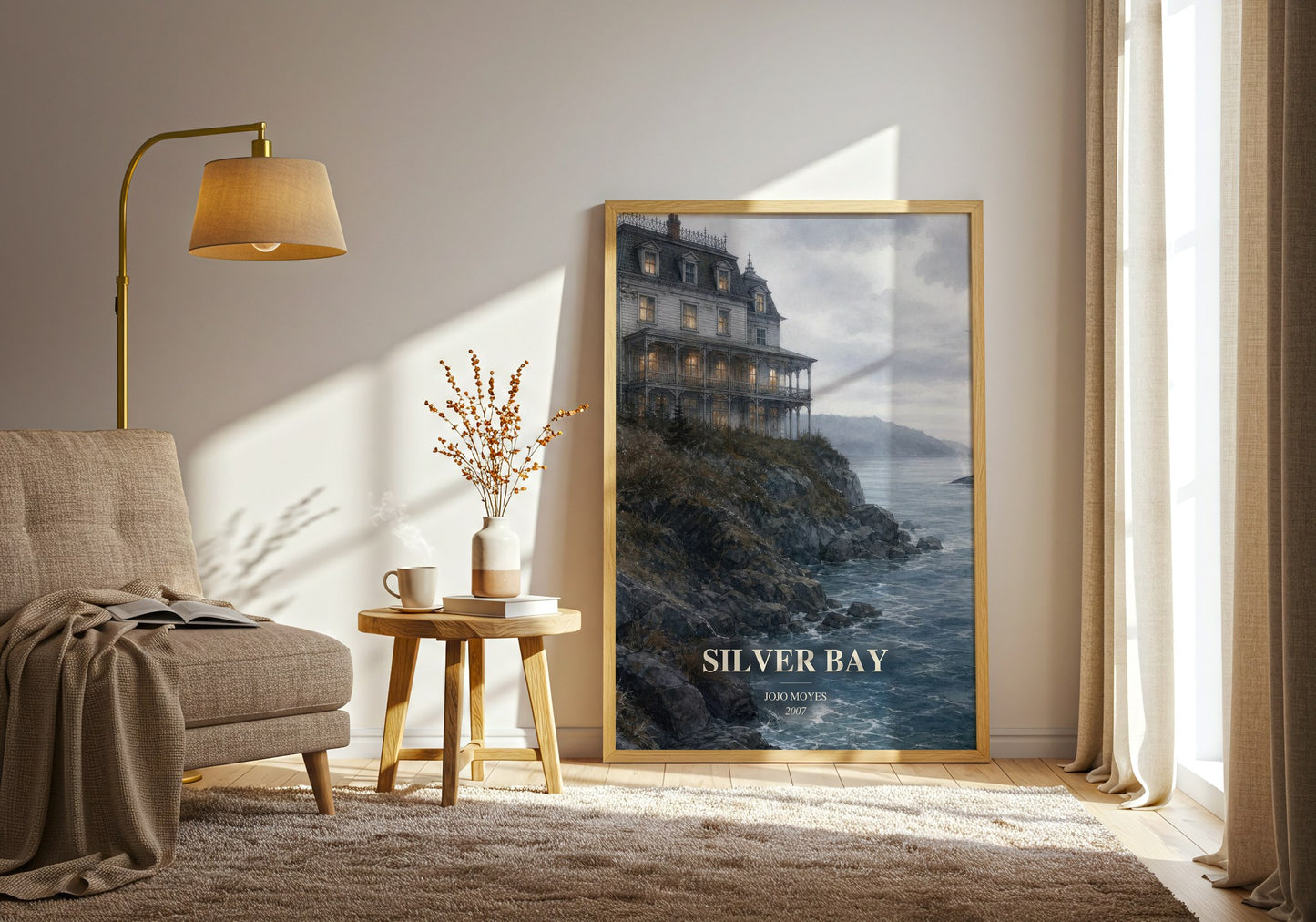 Silver Bay watercolour print in frame leaning in hallway – contemporary fiction wall art