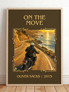 On the Move Classic Book Art Print by Oliver Sacks – framed print leaning on a wooden floor