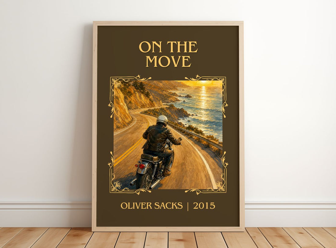 On the Move Classic Book Art Print by Oliver Sacks – framed print leaning on a wooden floor