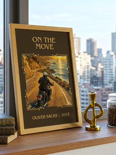 On the Move Classic Book Art Print by Oliver Sacks – framed print on a city-view windowsill