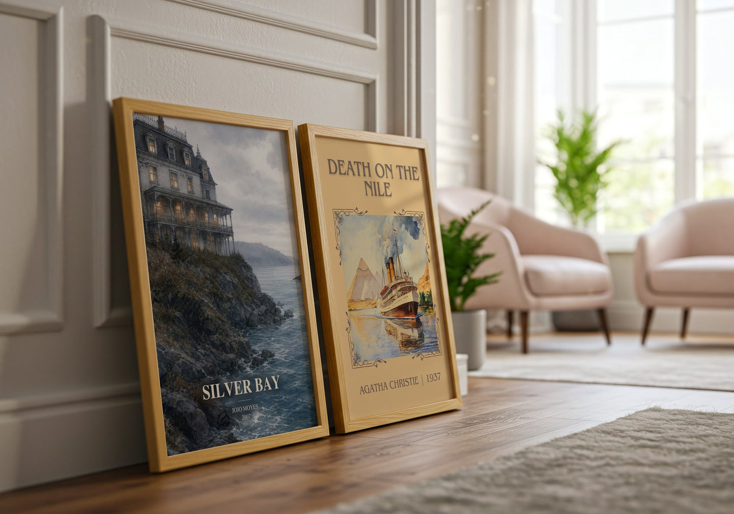Silver Bay watercolour print framed by window – literary home decor