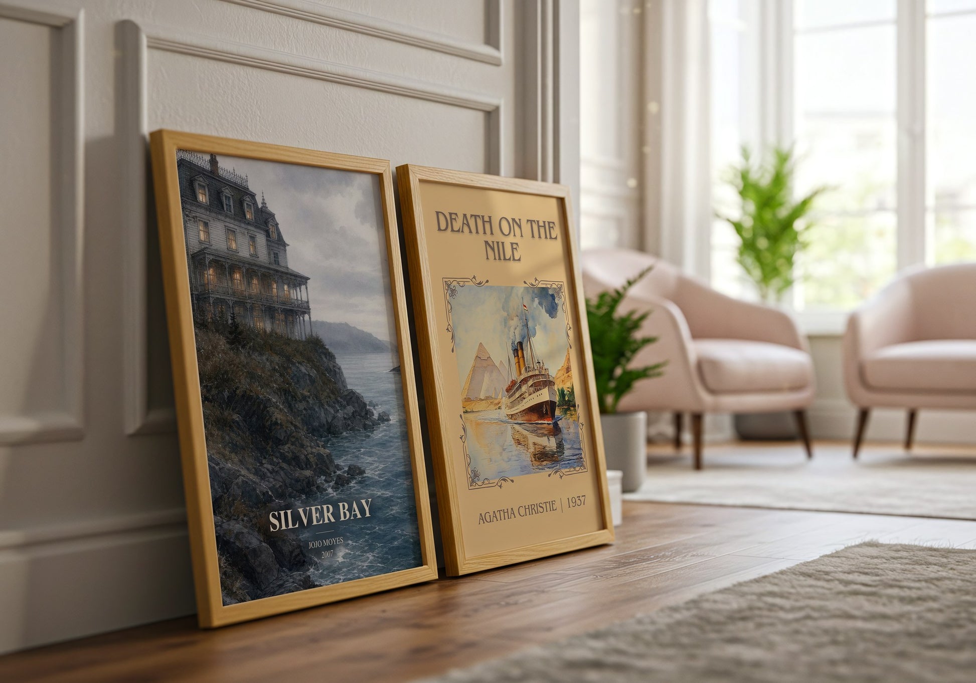 Silver Bay watercolour print framed by window – literary home decor
