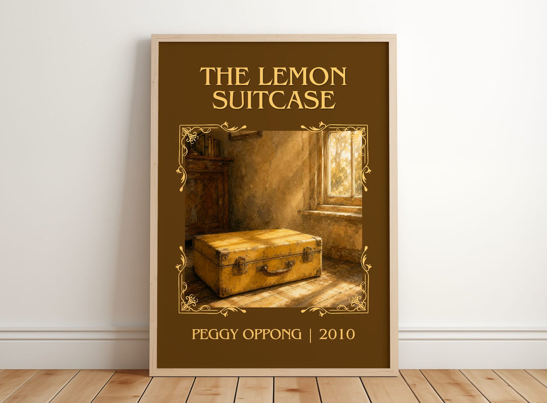 The lemon suitcase Classic Book Art Print by Peggy Oppong – framed print leaning on a wooden floor