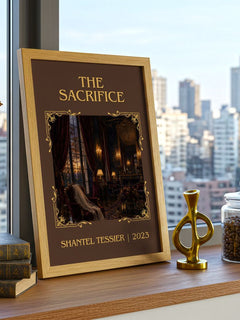 The Sacrifice Classic Book Art Print by Shantel Tessier – framed print on a city-view windowsill