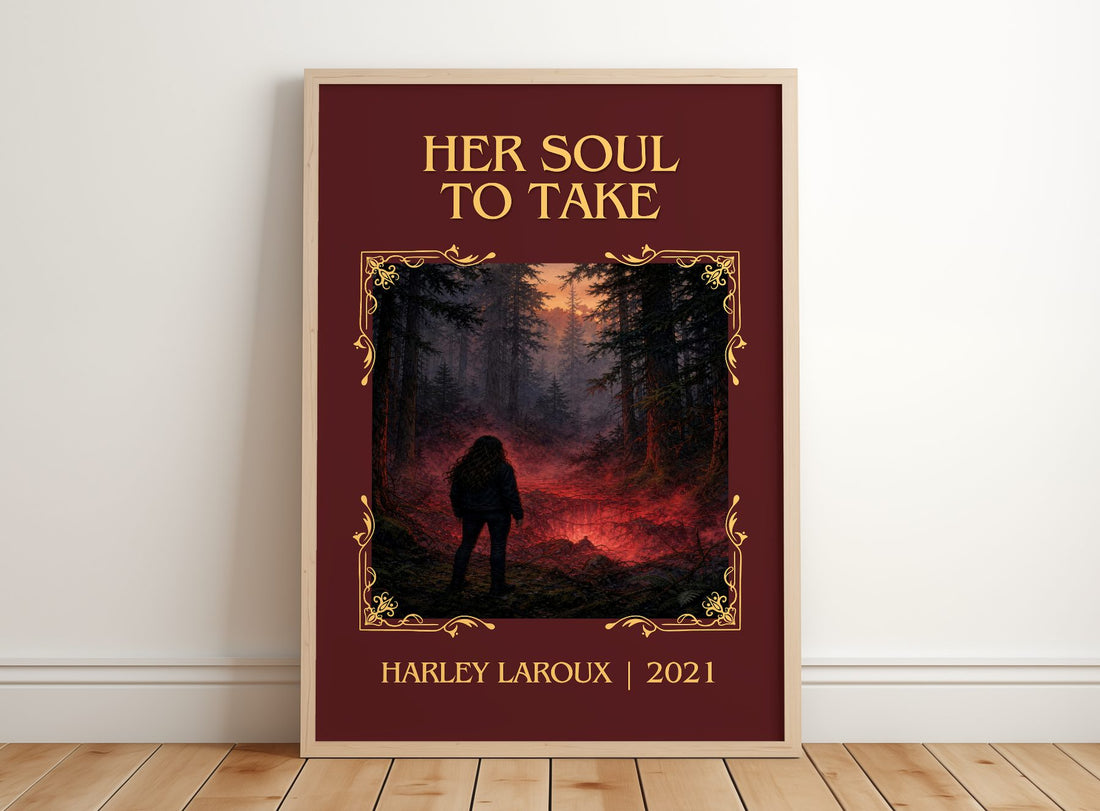 Her Soul to Take Classic Book Art Print by Harley Laroux – framed print leaning on a wooden floor