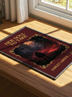 Her Soul to Take Classic Book Art Print by Harley Laroux – print on a sunlit desk