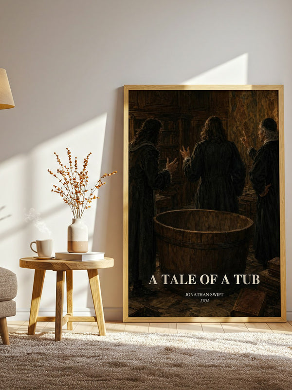 A Tale Of A Tub watercolour print in frame leaning in hallway – satire wall art