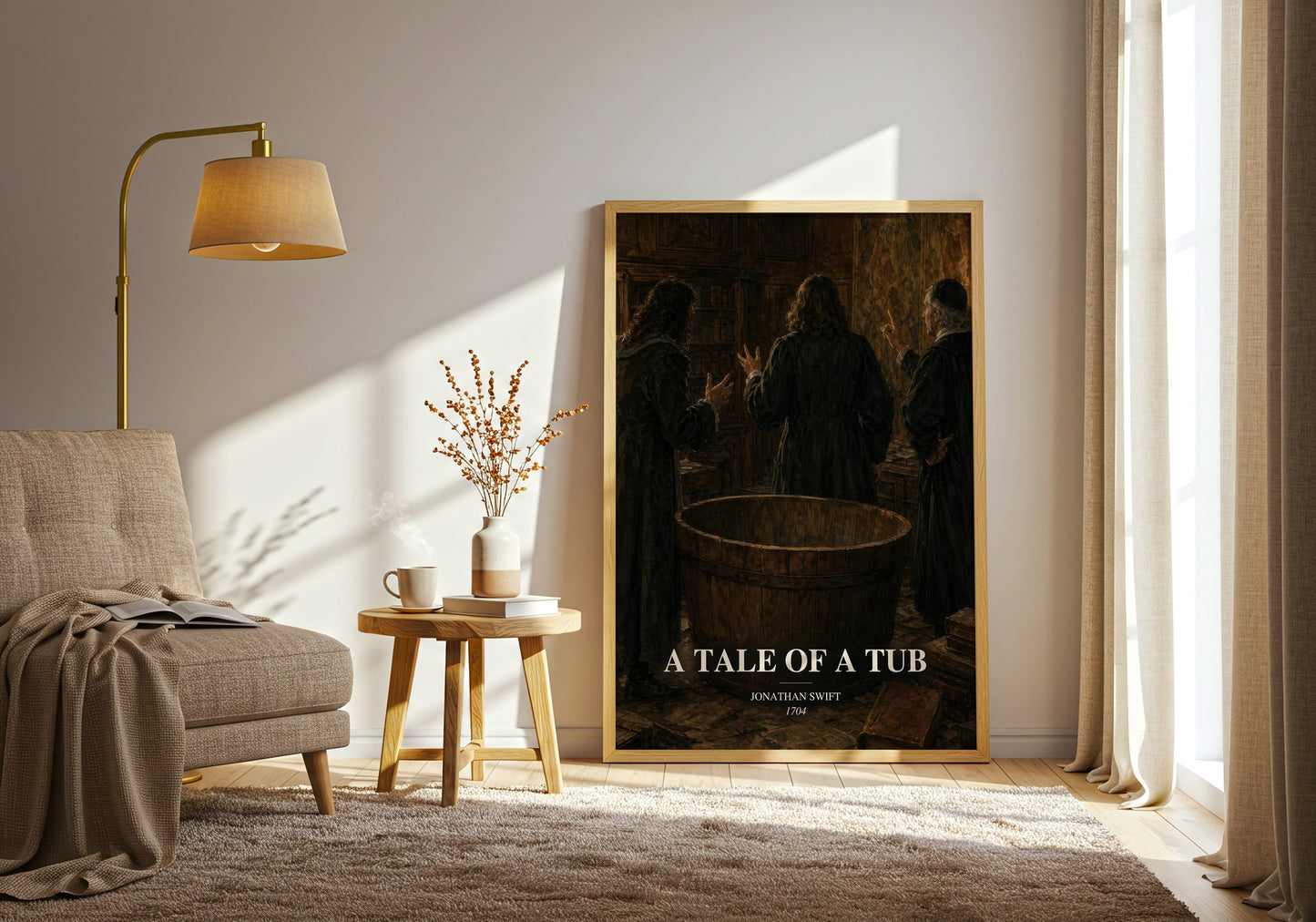 A Tale Of A Tub watercolour print in frame leaning in hallway – satire wall art