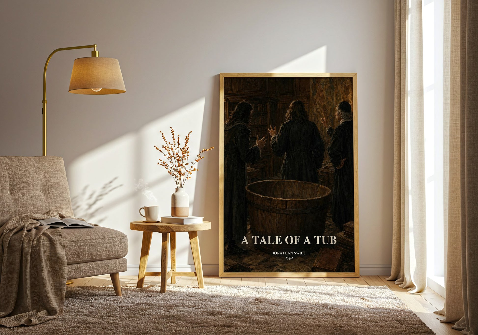 A Tale Of A Tub watercolour print in frame leaning in hallway – satire wall art