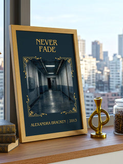 Never fade Classic Book Art Print by Alexandra Bracken – framed print on a city-view windowsill
