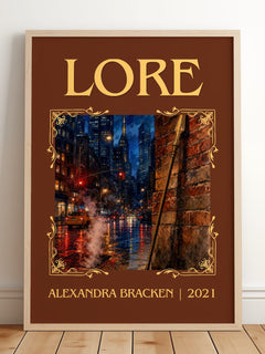 Lore Classic Book Art Print by Alexandra Bracken – framed print leaning on a wooden floor