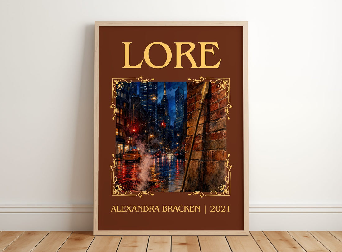 Lore Classic Book Art Print by Alexandra Bracken – framed print leaning on a wooden floor