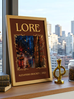 Lore Classic Book Art Print by Alexandra Bracken – framed print on a city-view windowsill