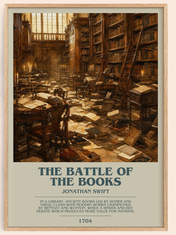 The Battle Of The Books bookish book poster by Jonathan Swift – framed literary art print