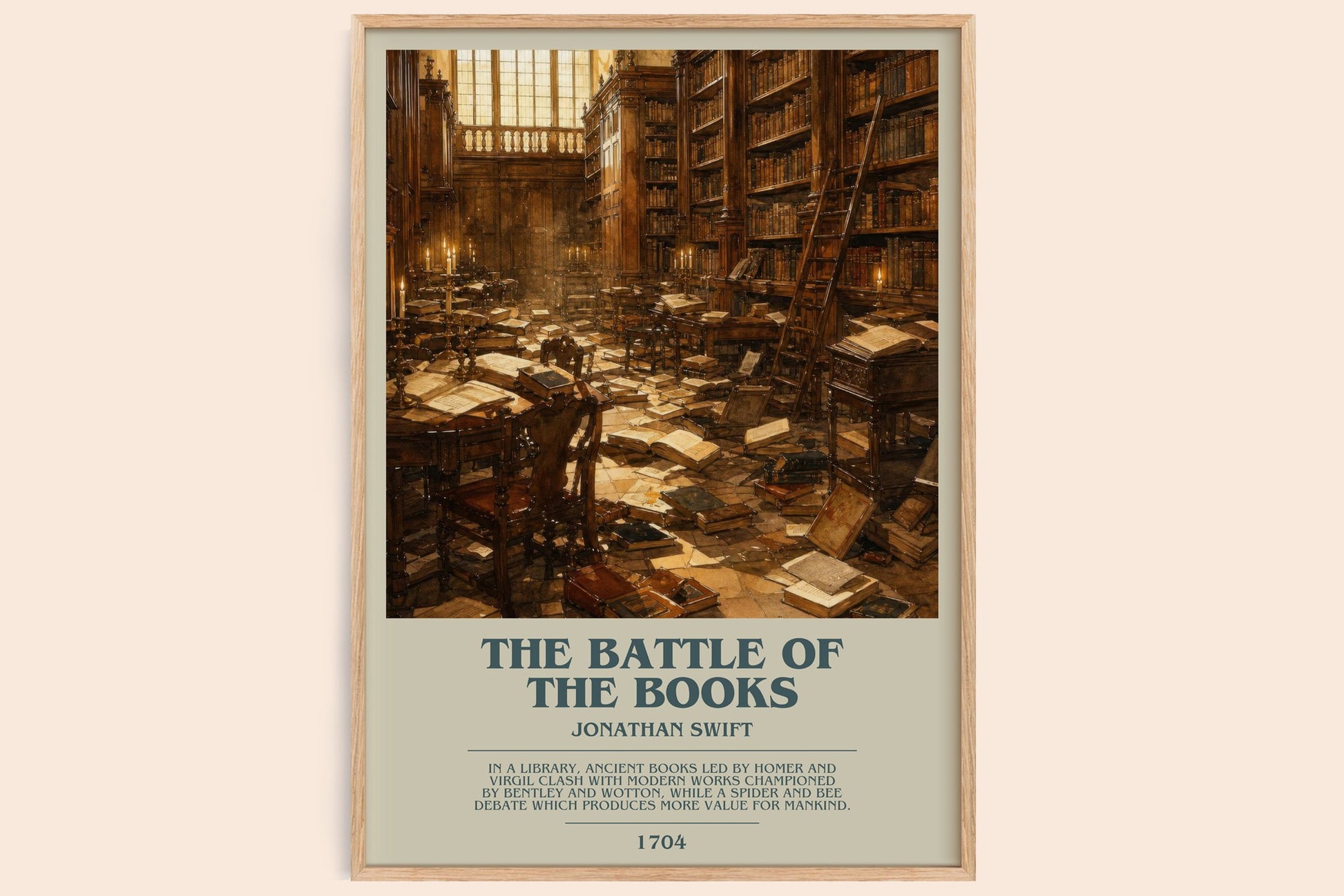 The Battle Of The Books bookish book poster by Jonathan Swift – framed literary art print