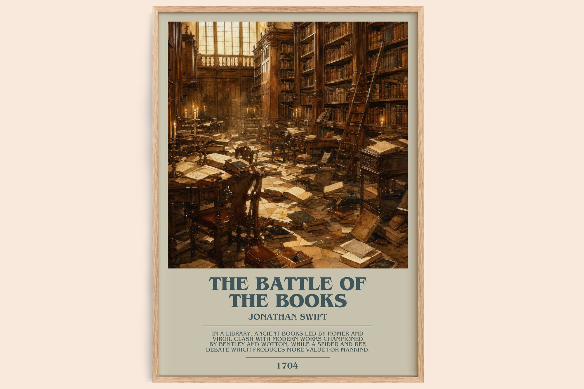 The Battle Of The Books bookish book poster by Jonathan Swift – framed literary art print