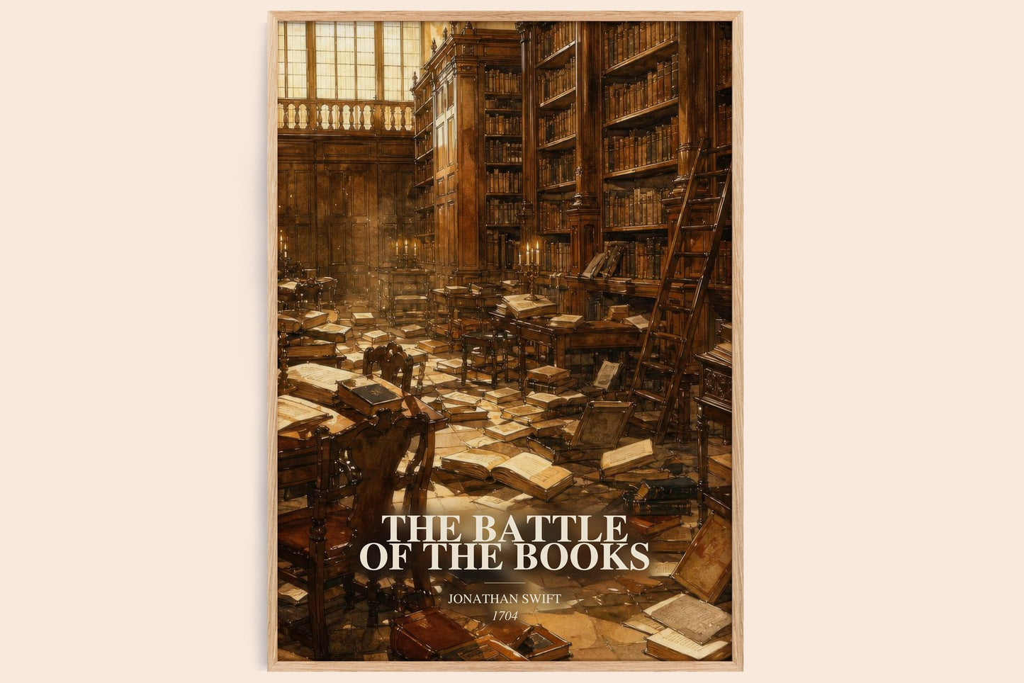 The Battle Of The Books watercolour book poster by Jonathan Swift – framed literary art print