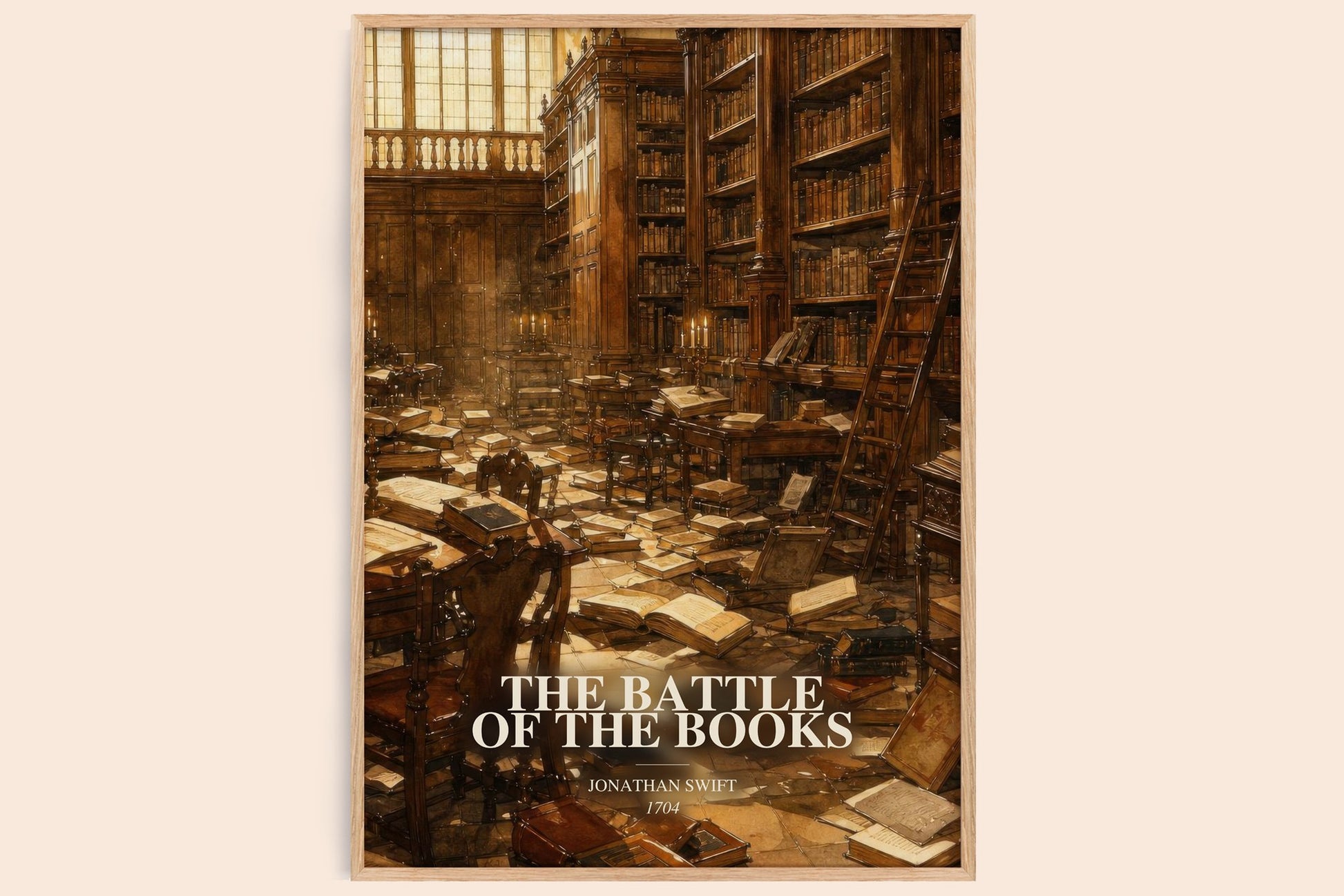 The Battle Of The Books watercolour book poster by Jonathan Swift – framed literary art print
