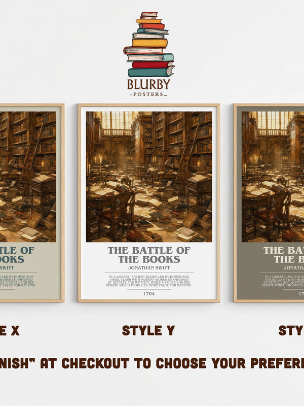 The Battle Of The Books bookish print in frame leaning in hallway – satire wall art