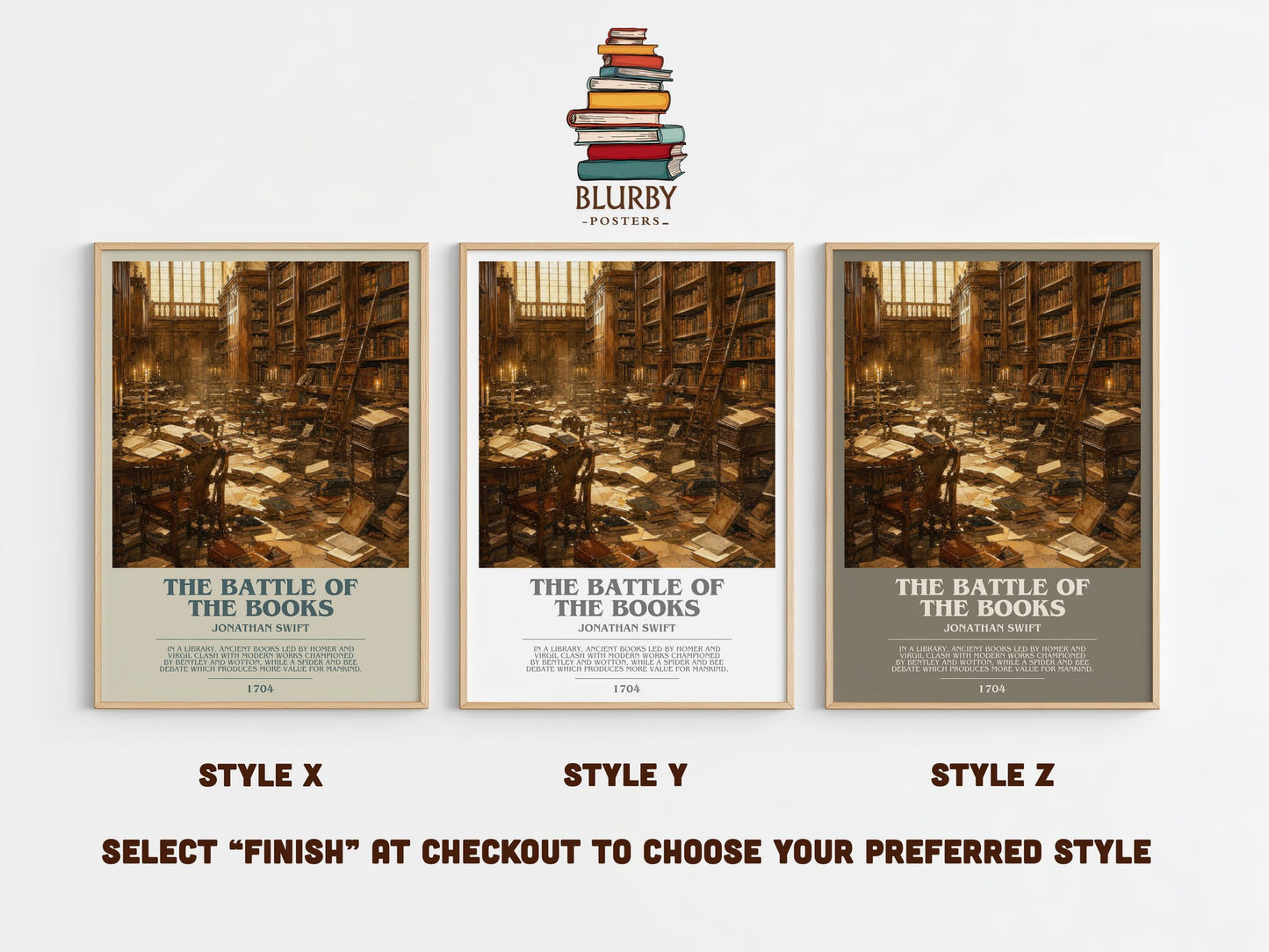 The Battle Of The Books bookish print in frame leaning in hallway – satire wall art