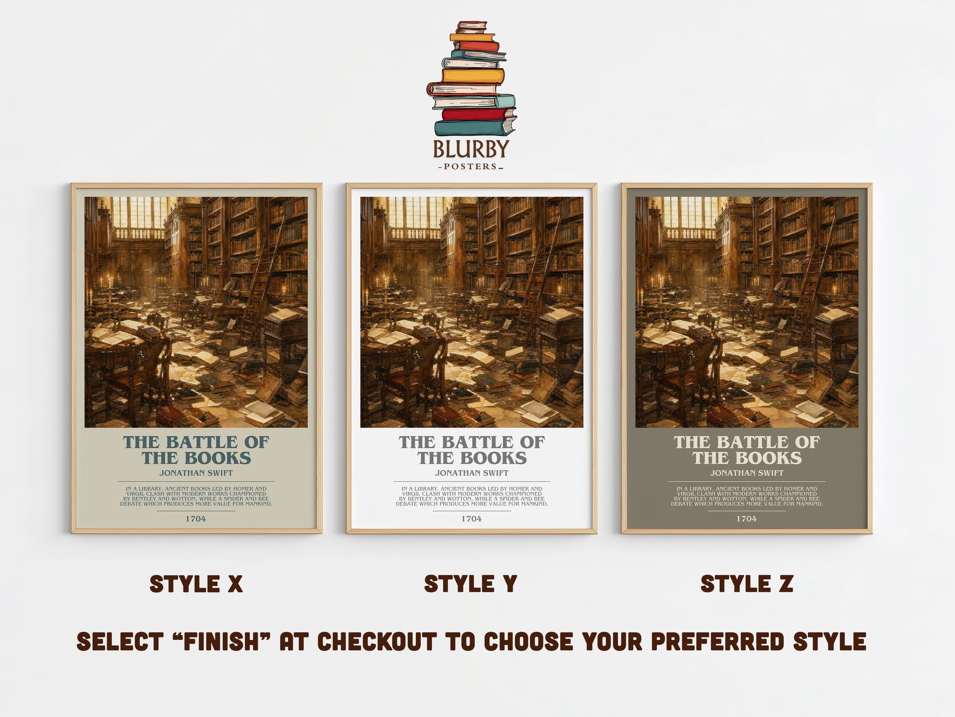 The Battle Of The Books bookish print in frame leaning in hallway – satire wall art