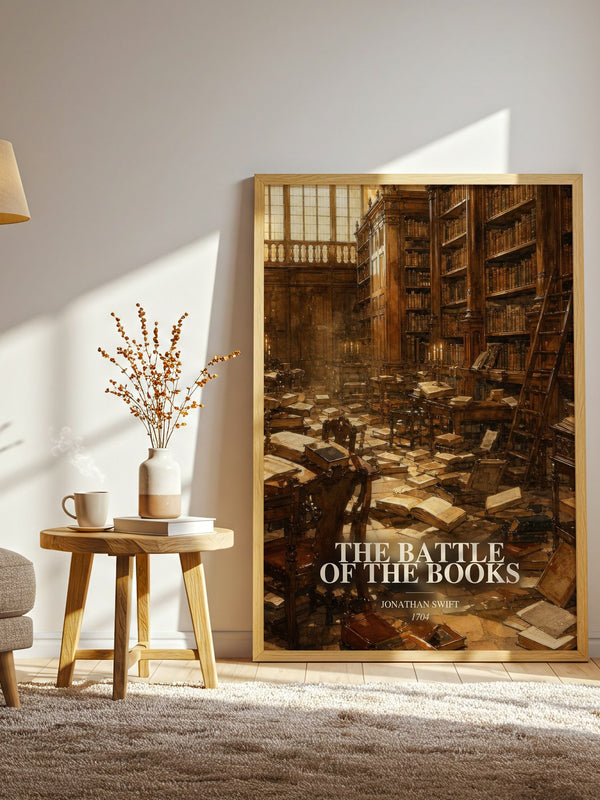 The Battle Of The Books watercolour print in frame leaning in hallway – satire wall art