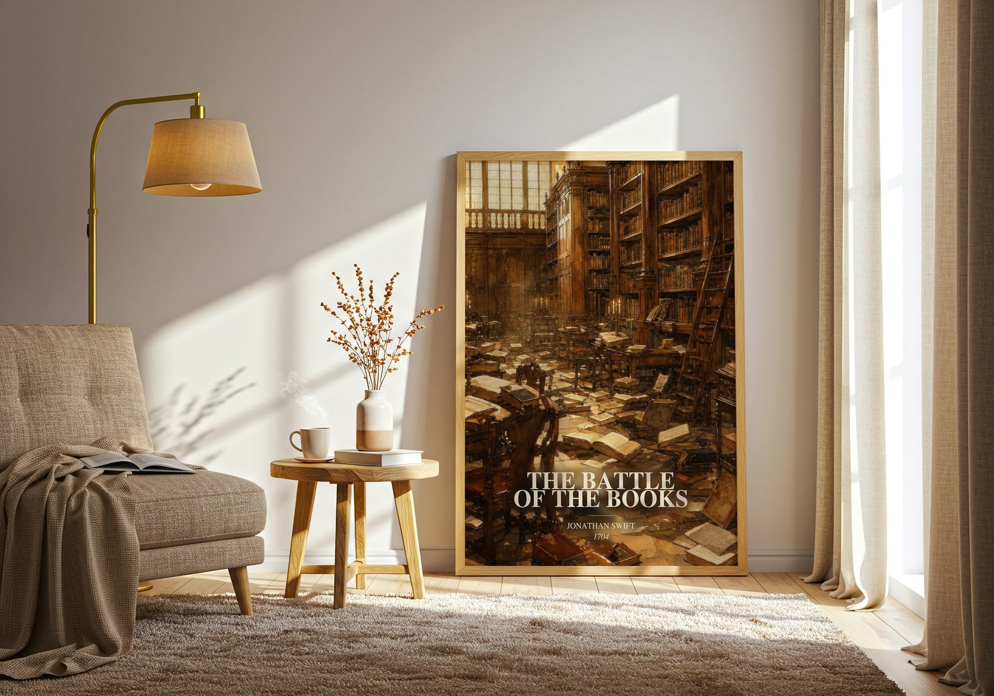 The Battle Of The Books watercolour print in frame leaning in hallway – satire wall art