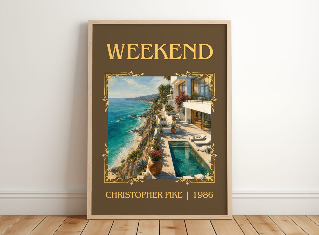 Weekend Classic Book Art Print by Christopher Pike – framed print leaning on a wooden floor