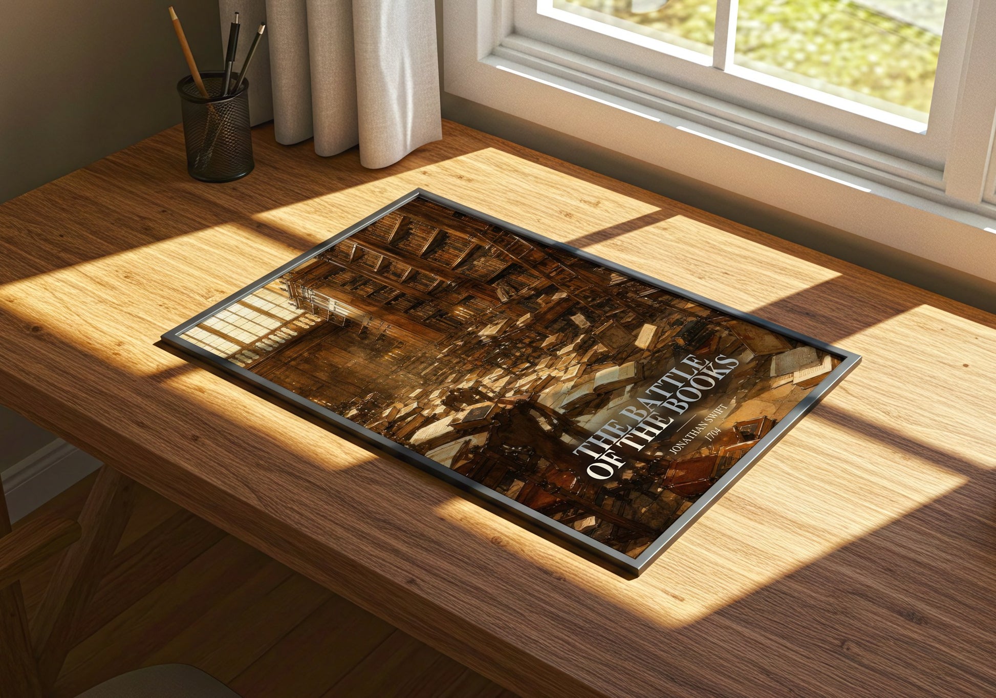 The Battle Of The Books watercolour book poster framed on wall – satire wall art