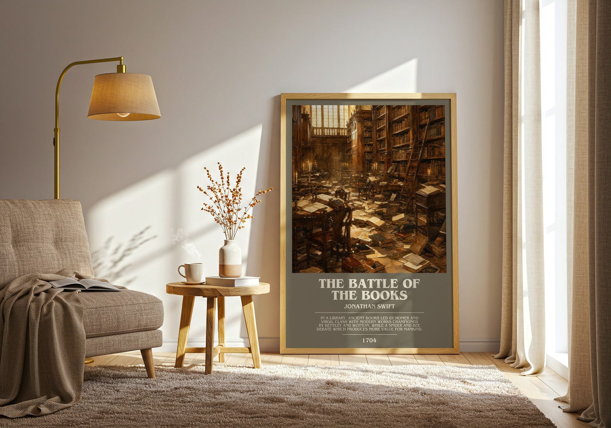 The Battle Of The Books bookish print on bookshelf – Jonathan Swift fan gift