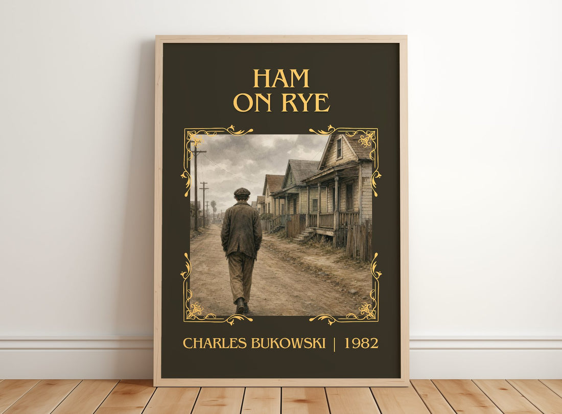 Ham on Rye Classic Book Art Print by Charles Bukowski – framed print leaning on a wooden floor