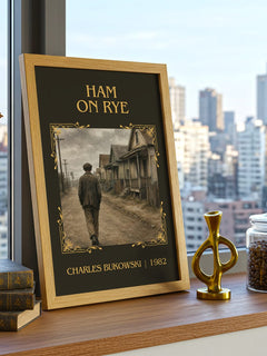 Ham on Rye Classic Book Art Print by Charles Bukowski – framed print on a city-view windowsill