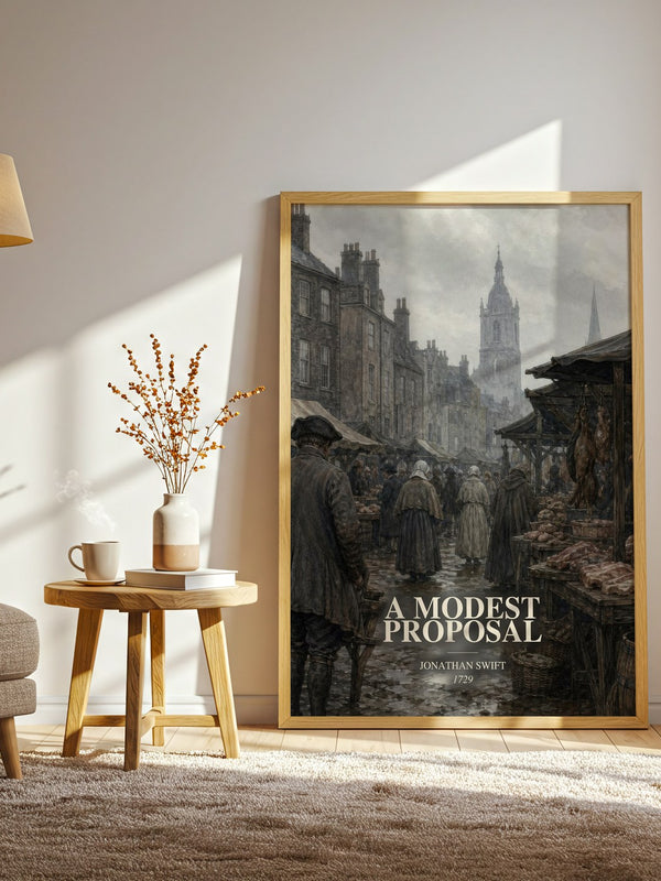 A Modest Proposal watercolour print in frame leaning in hallway – satire wall art