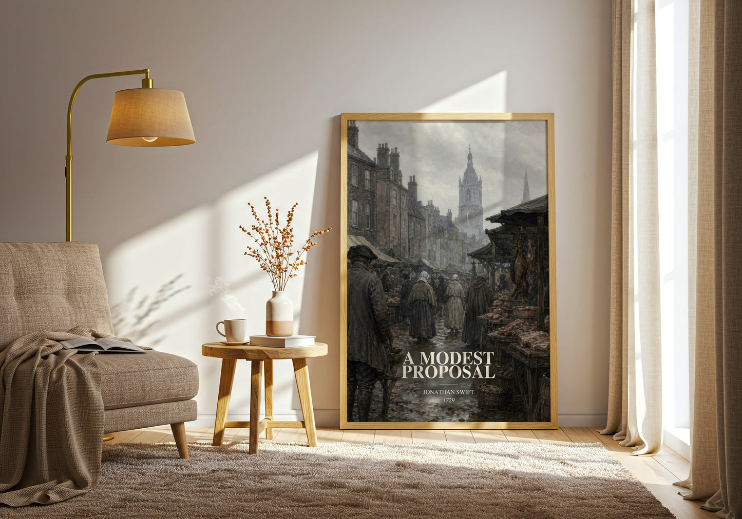 A Modest Proposal watercolour print in frame leaning in hallway – satire wall art